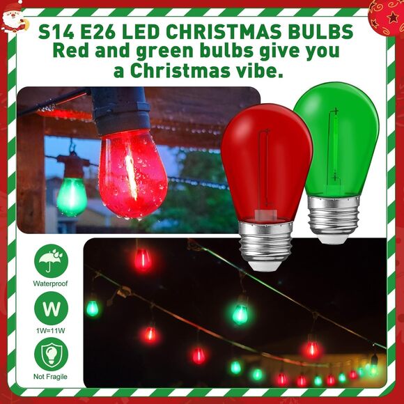 48pcs Christmas LED Bulbs Red & Green S14 E26 Waterproof 1W Outdoor Lights - Picture 6 of 8